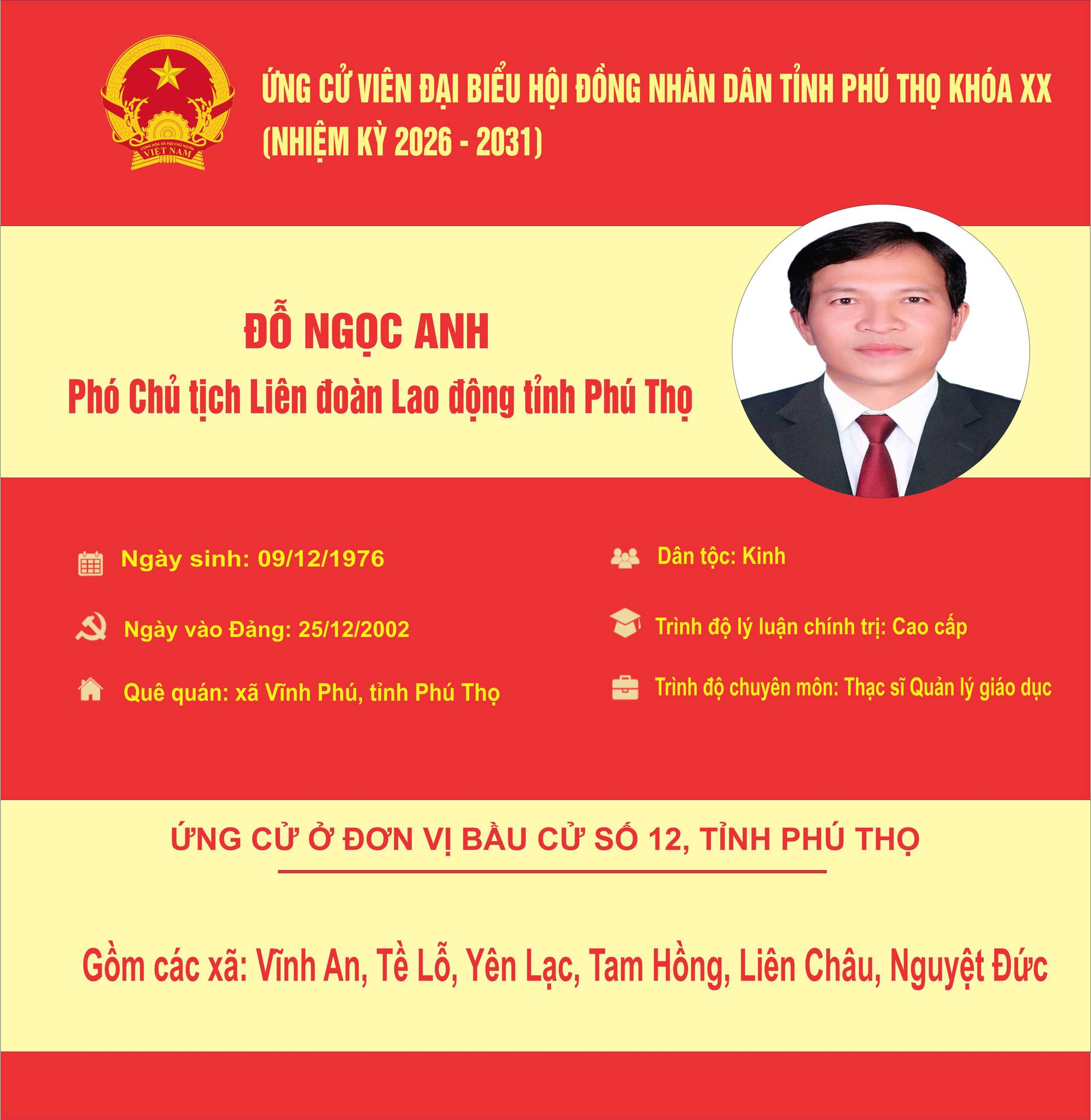 DANH SÁCH 02 ỨNG CỬ VIÊN LIÊN ĐOÀN LAO ĐỘNG TỈNH PHÚ THỌ THAM GIA ỨNG CỬ ĐẠI BIỂU HỘI ĐỒNG NHÂN DÂN TỈNH PHÚ THỌ KHÓA XX, NHIỆM KỲ 2026 - 2031